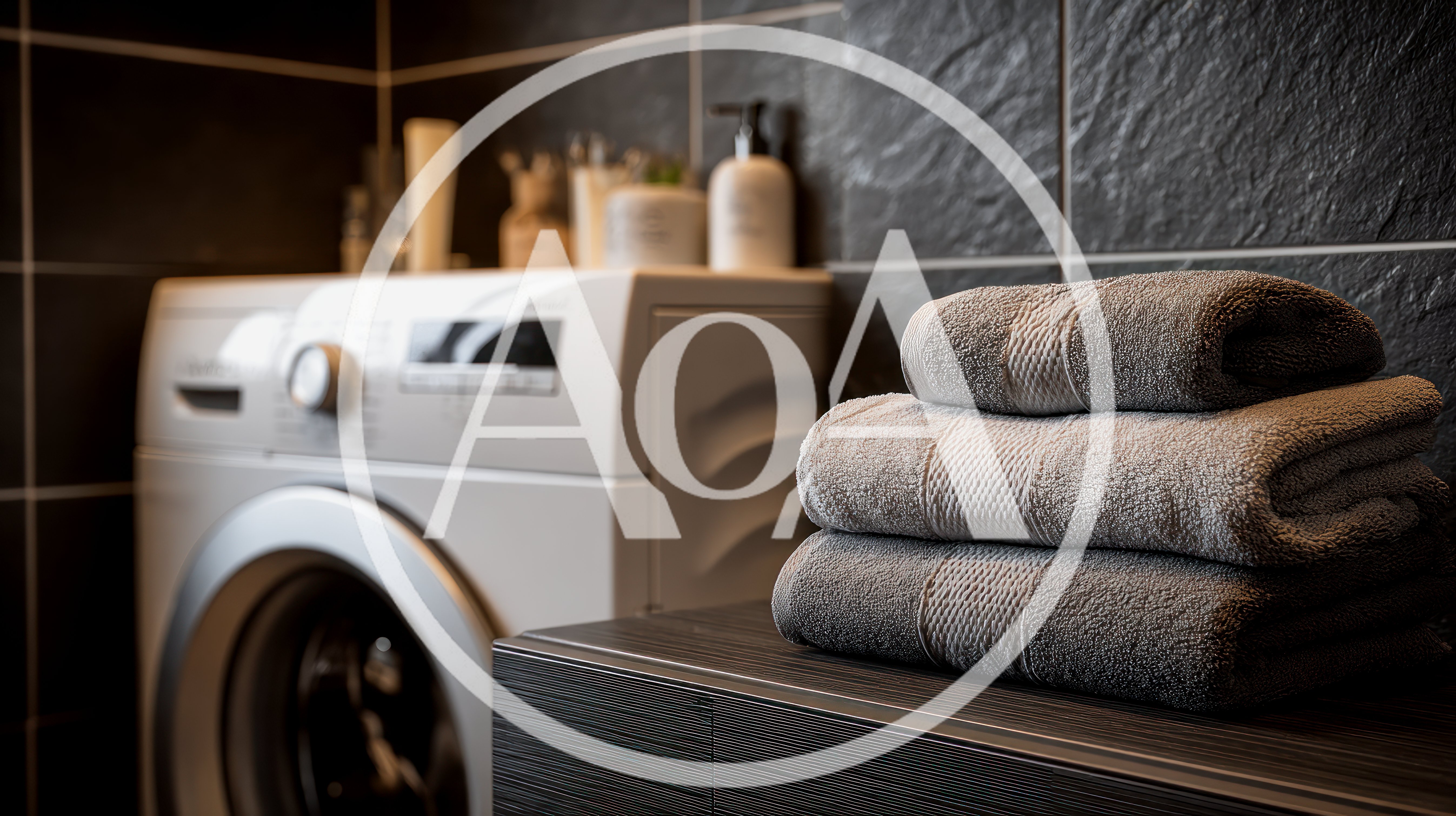 Stack Of Folded Grey Towels On Bathroom Counter