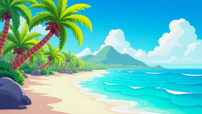 Tropical Beach Landscape With Palm Trees And Mountains