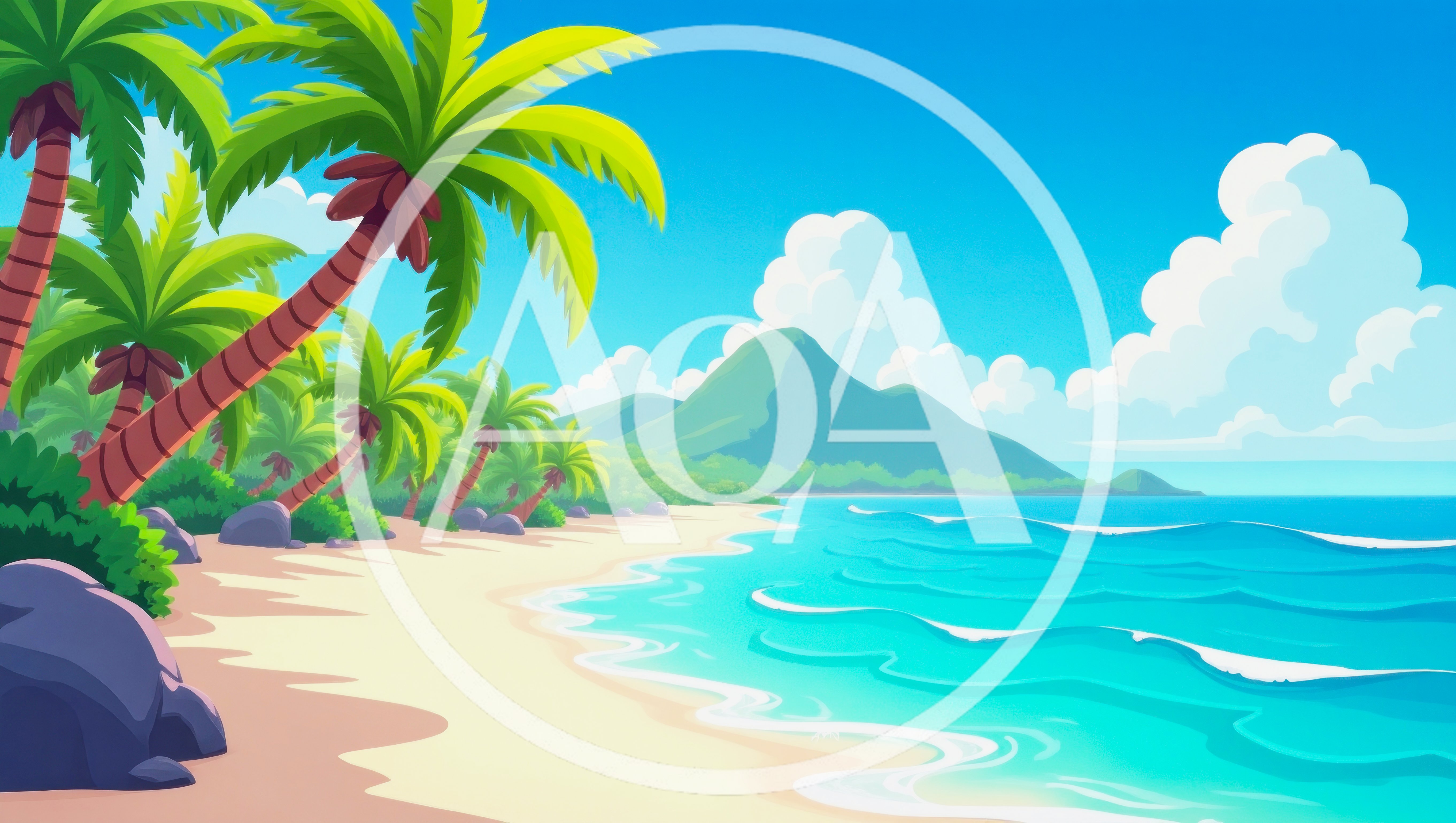 Tropical Beach Landscape With Palm Trees And Mountains