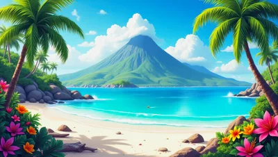 Tropical Island Beach With Volcano And Palm Trees