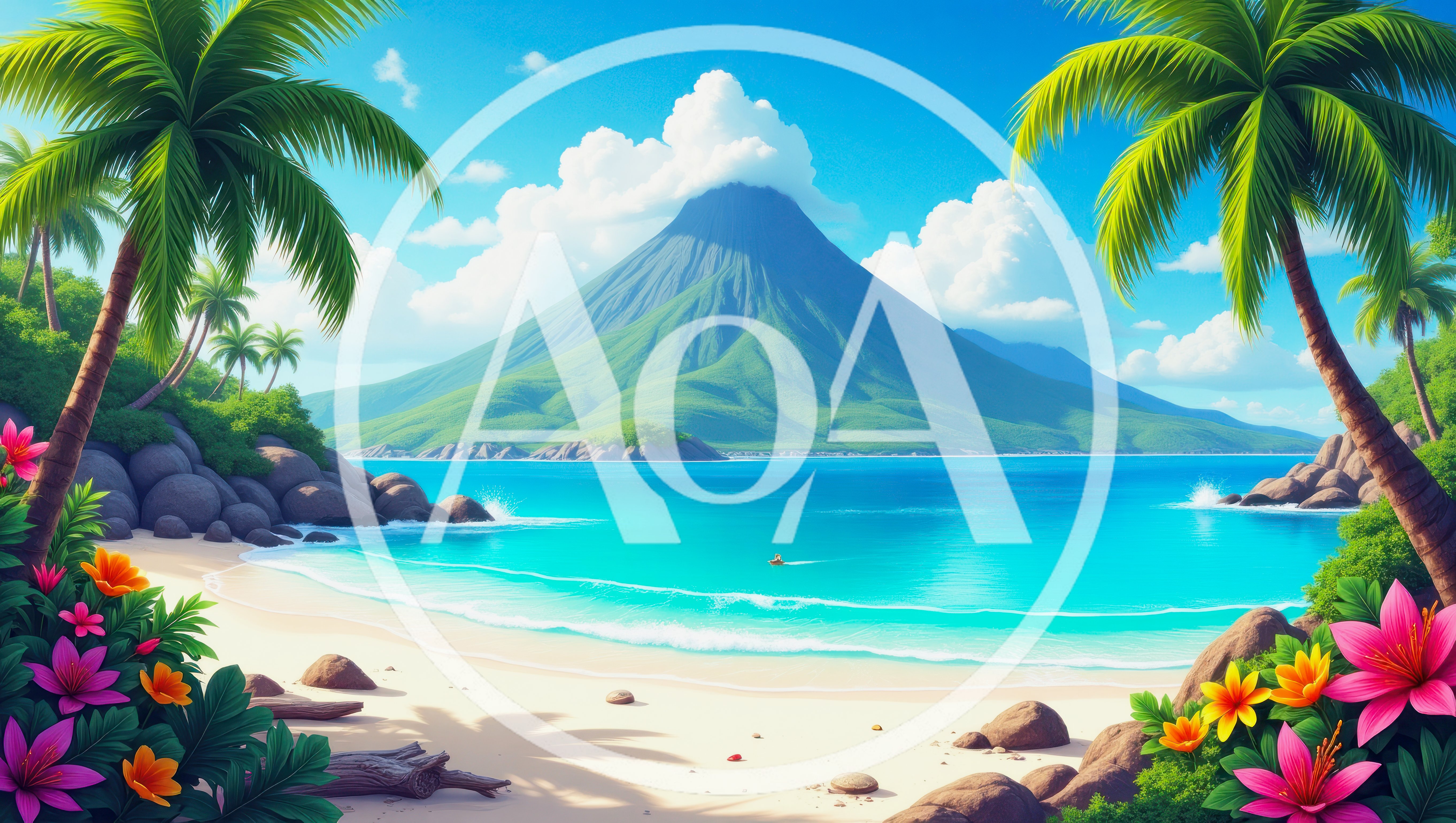 Tropical Island Beach With Volcano And Palm Trees