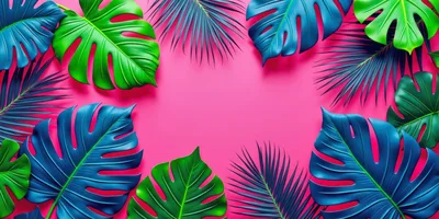 Tropical Monstera and Palm Leaves on Pink Background