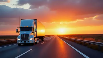 Semi Truck Driving On Highway At Sunset