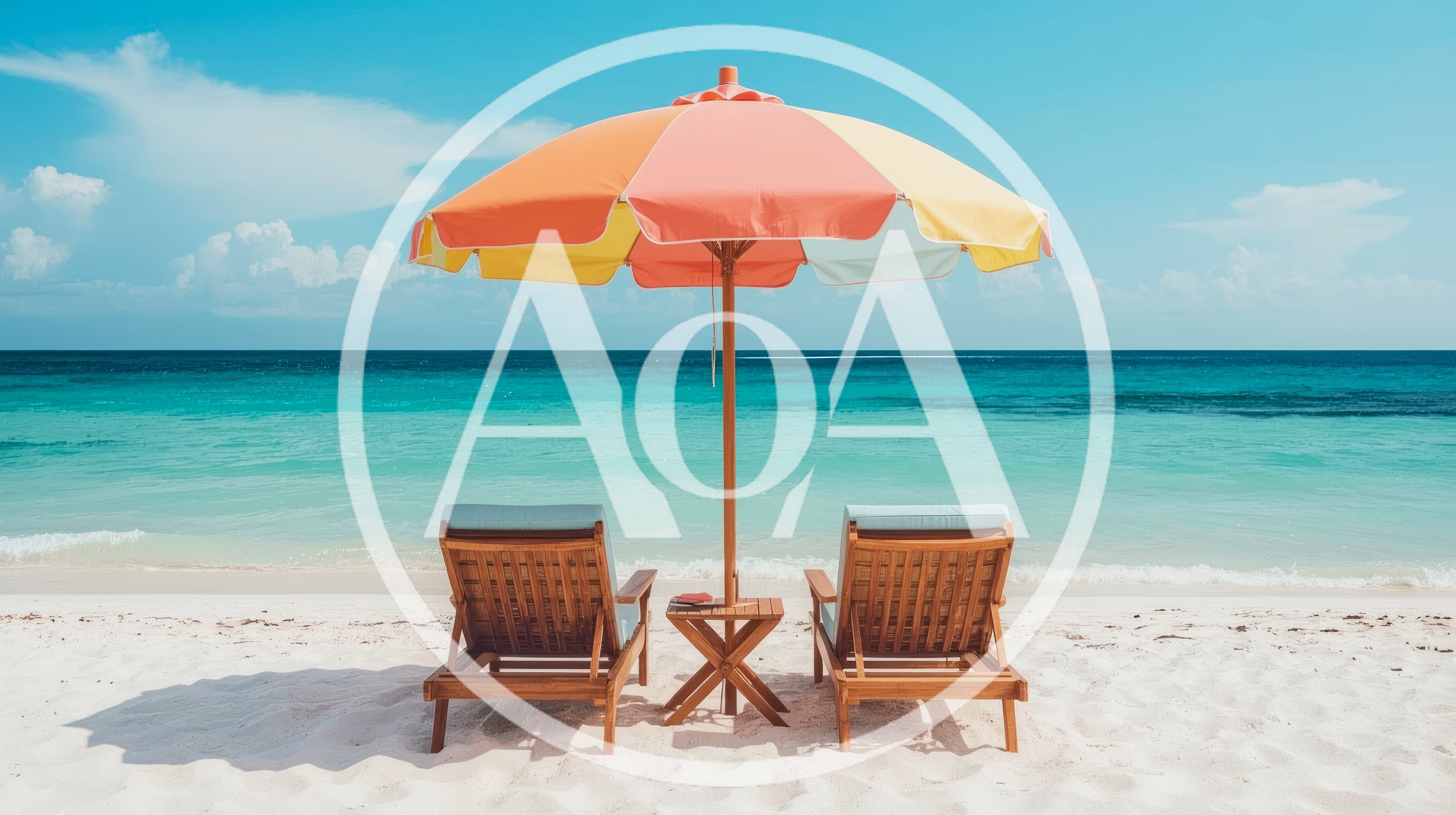 Two Wooden Beach Chairs Under A Colorful Umbrella