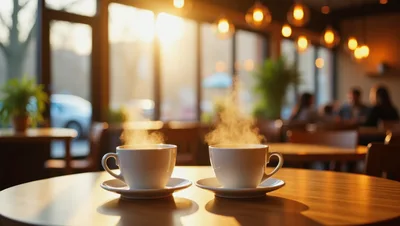 Two Steaming Coffee Cups On A Cafe Table