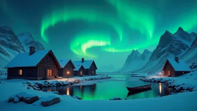 Cozy Wooden Cabins Under Vibrant Northern Lights
