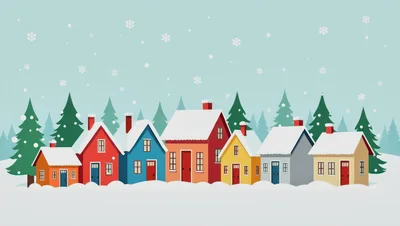 Winter Village Scene With Colorful Houses And Pine Trees