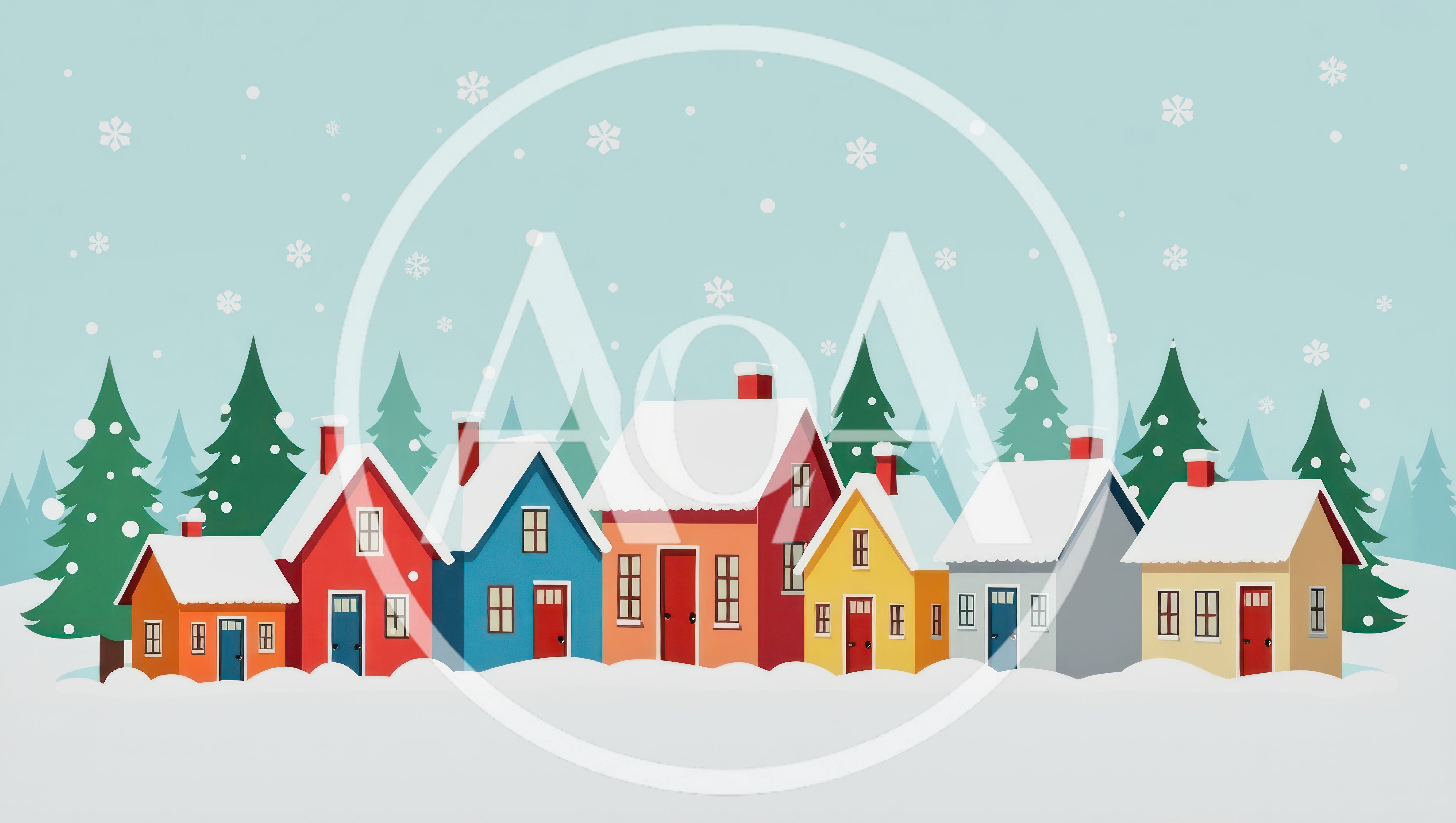 Winter Village Scene With Colorful Houses And Pine Trees