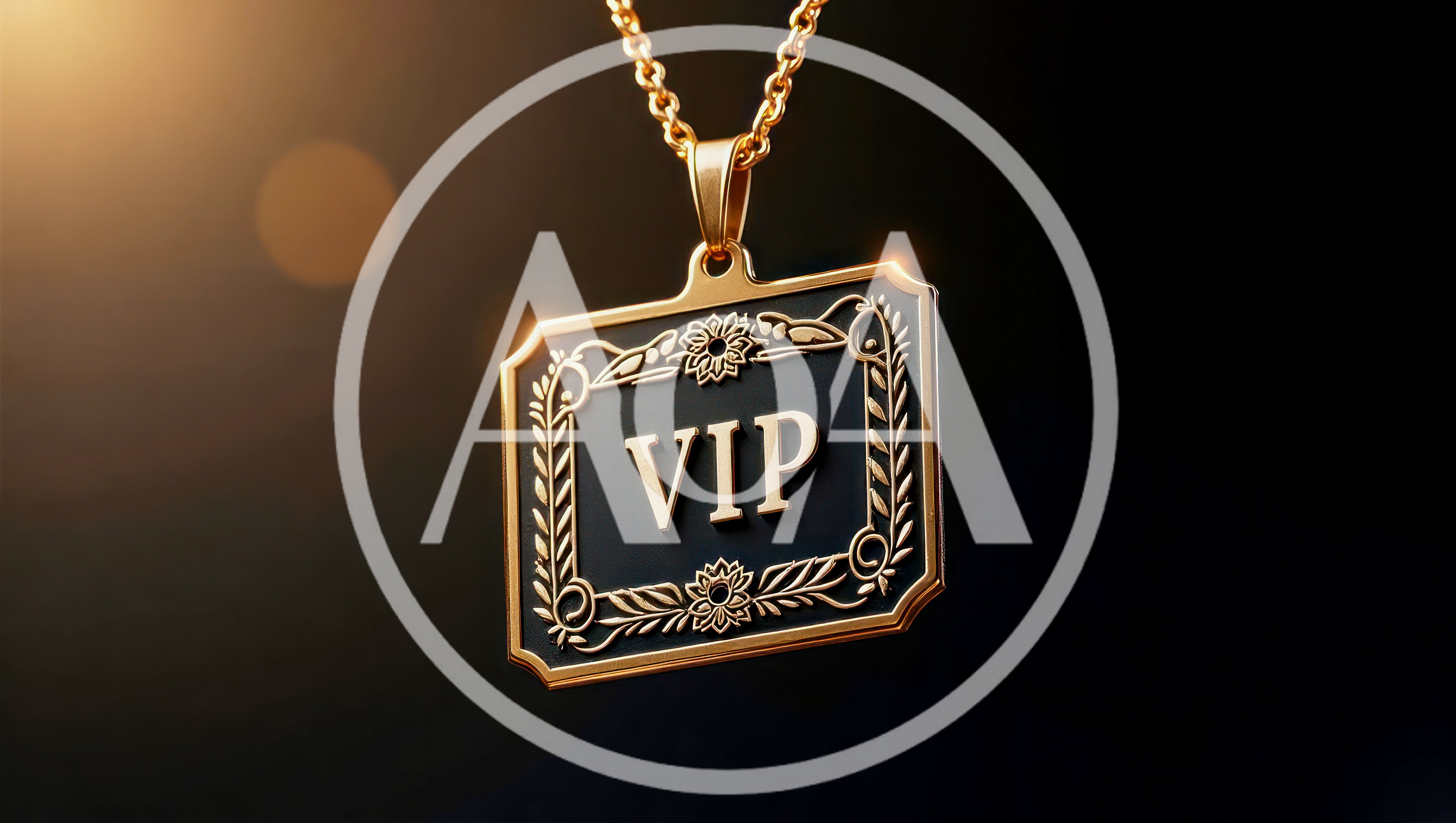 Golden VIP Pendant Necklace on Black Background