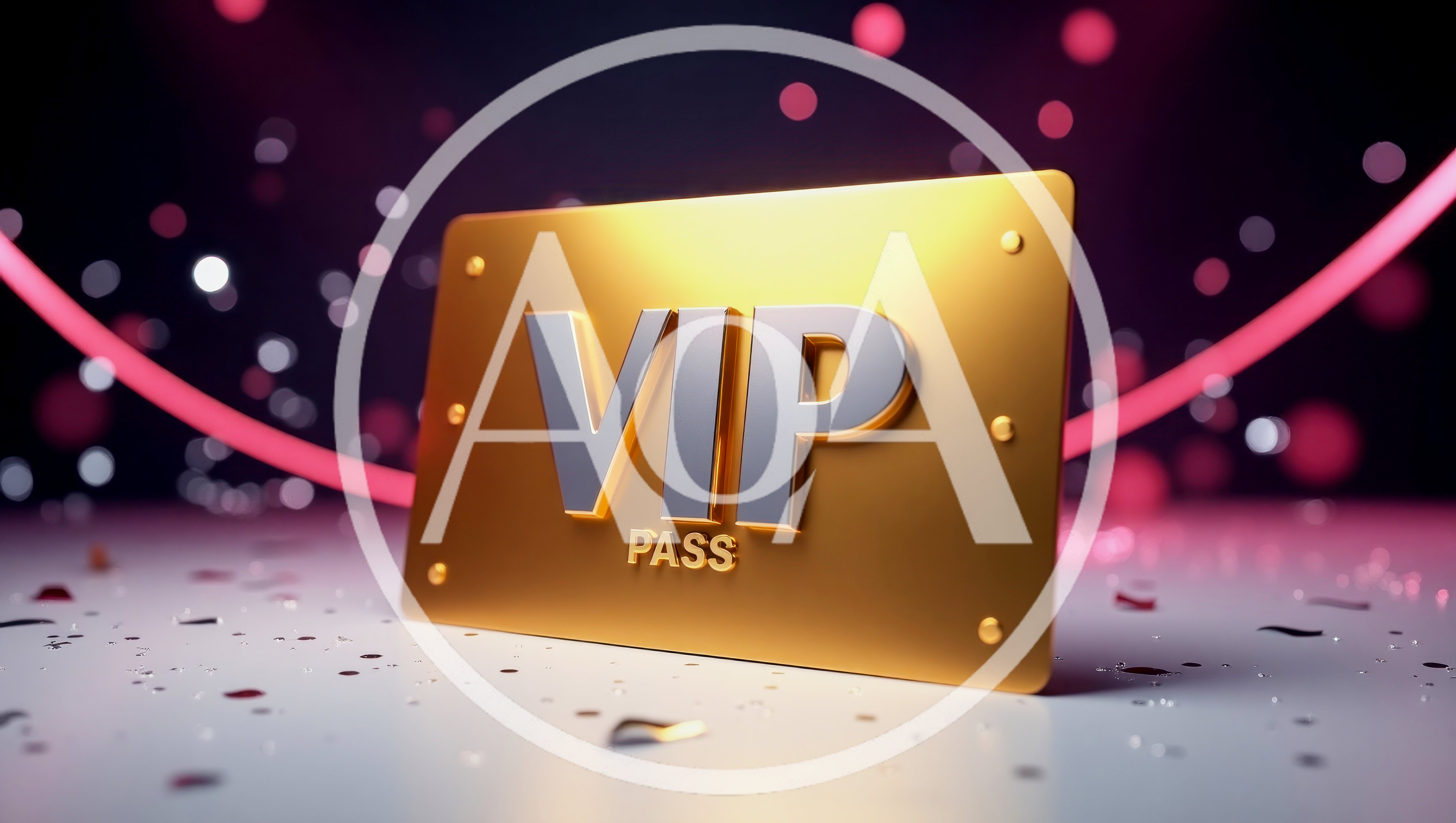Golden VIP Pass Card on Reflective Surface