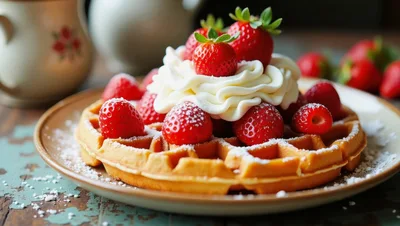 Belgian Waffle Topped With Fresh Strawberries And Whipped Cream