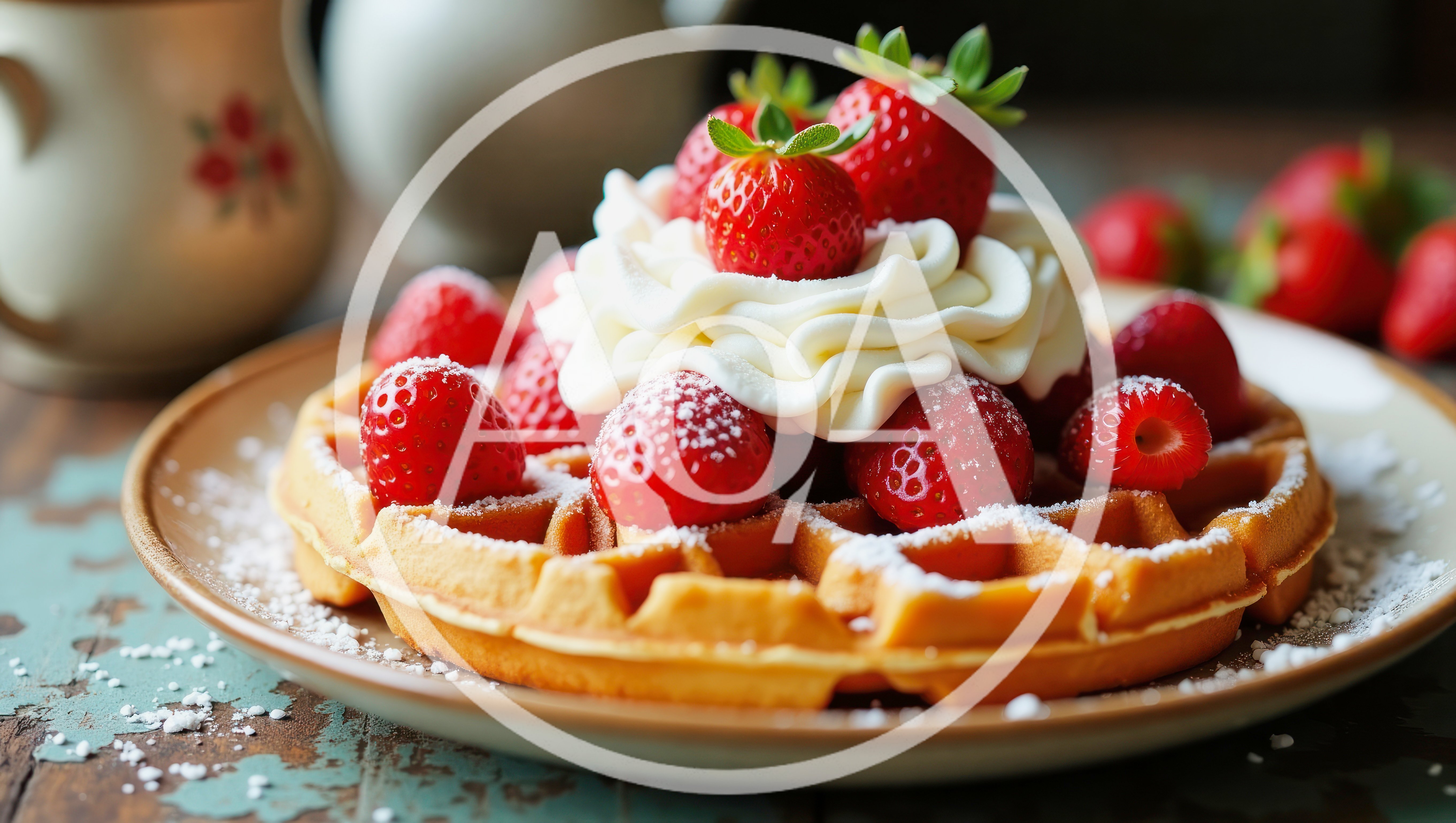 Belgian Waffle Topped With Fresh Strawberries And Whipped Cream