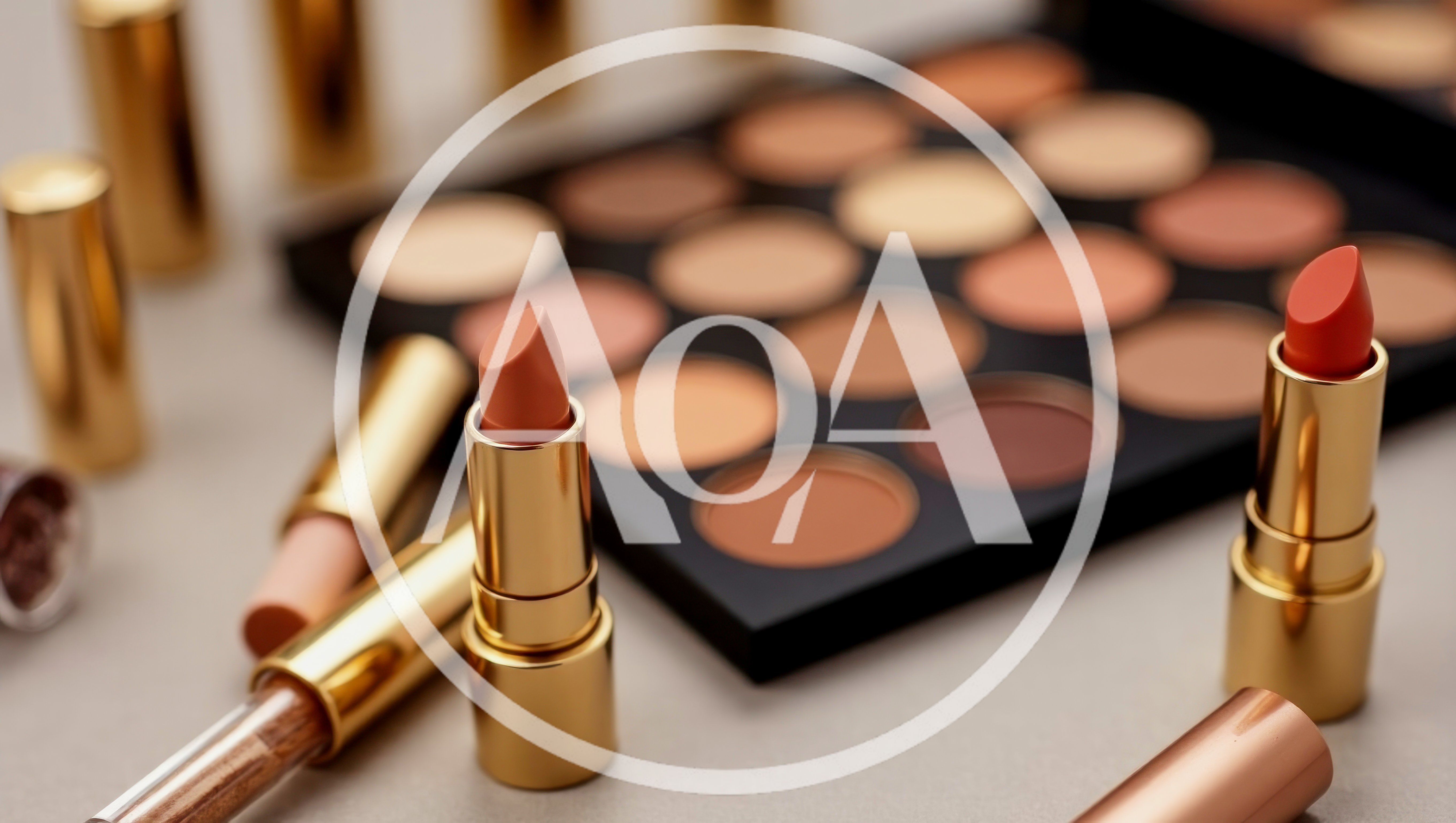 Makeup Palette and Lipsticks on Neutral Background