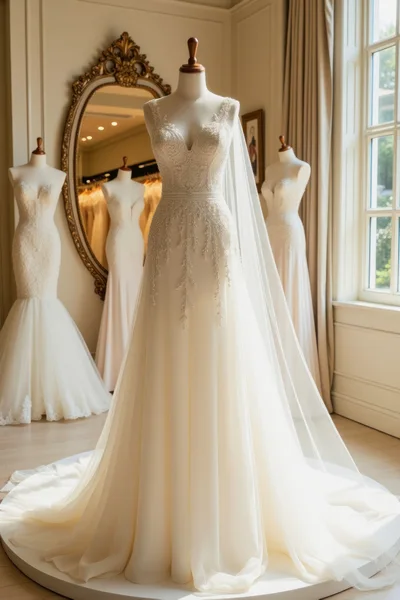 Elegant Wedding Dresses Displayed On Mannequins In Boutique