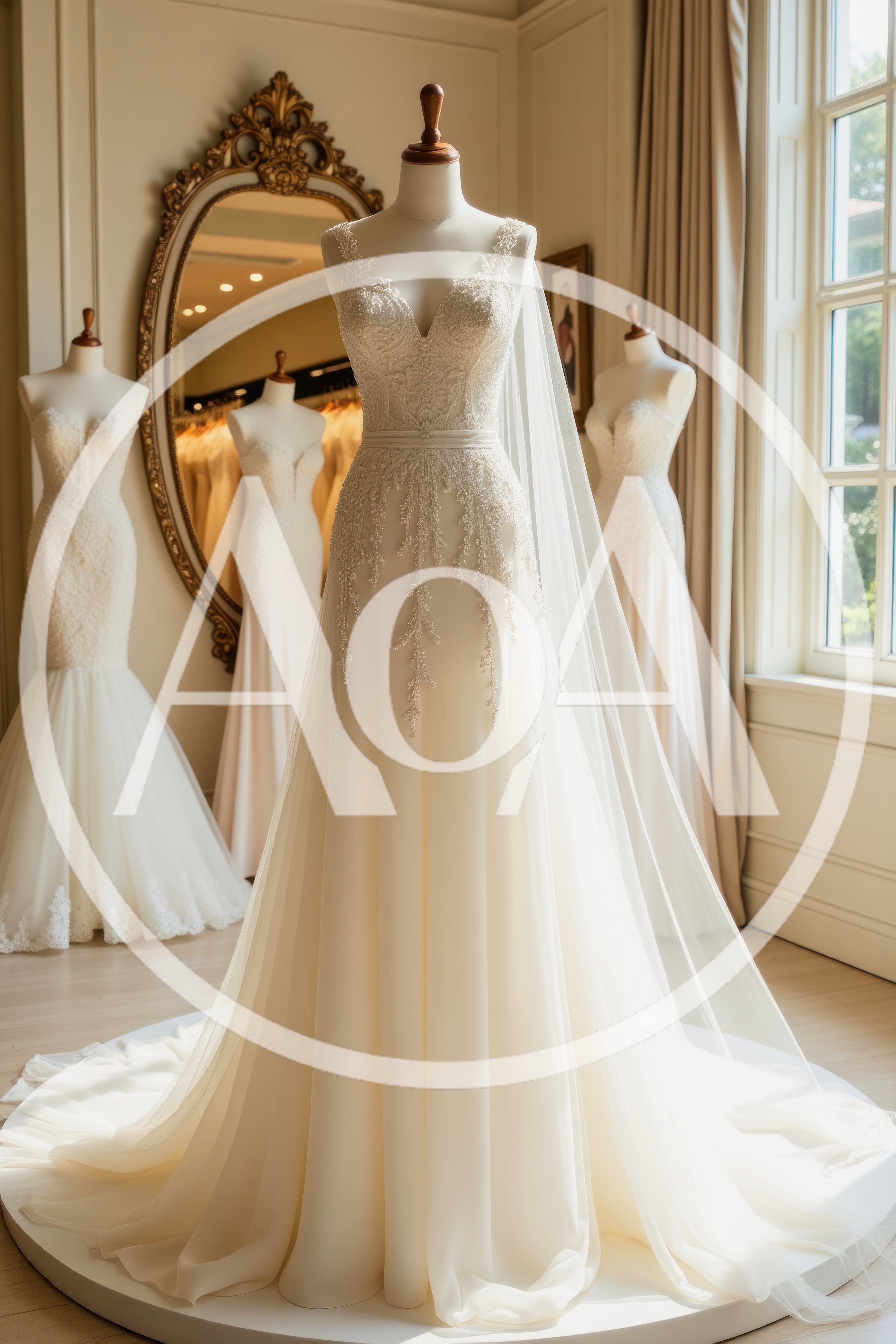 Elegant Wedding Dresses Displayed On Mannequins In Boutique