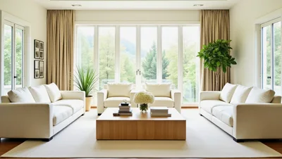 Modern Living Room With White Sofas And Large Windows