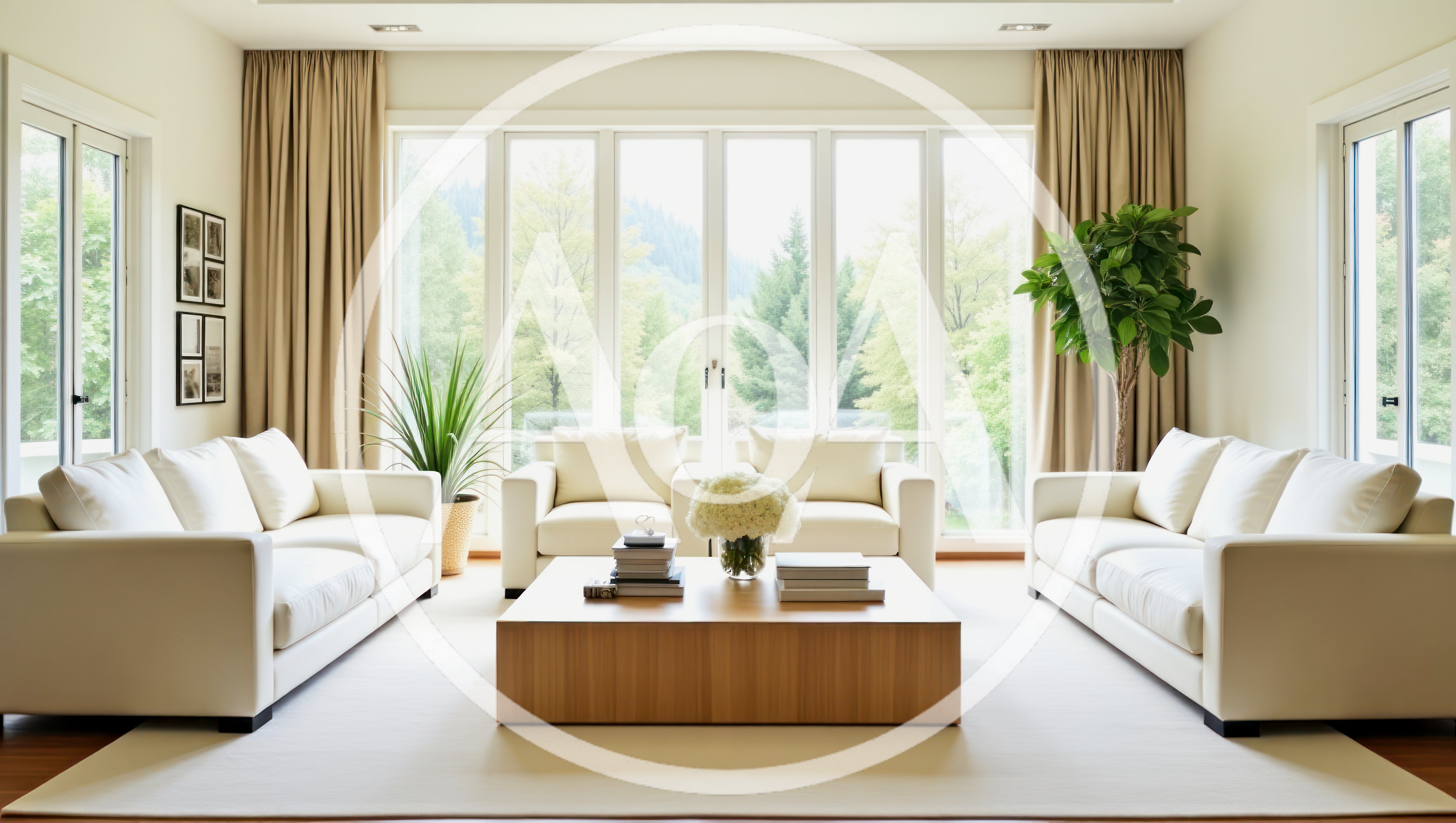 Modern Living Room With White Sofas And Large Windows