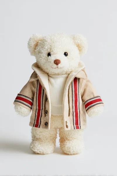 White Teddy Bear Wearing A Striped Jacket