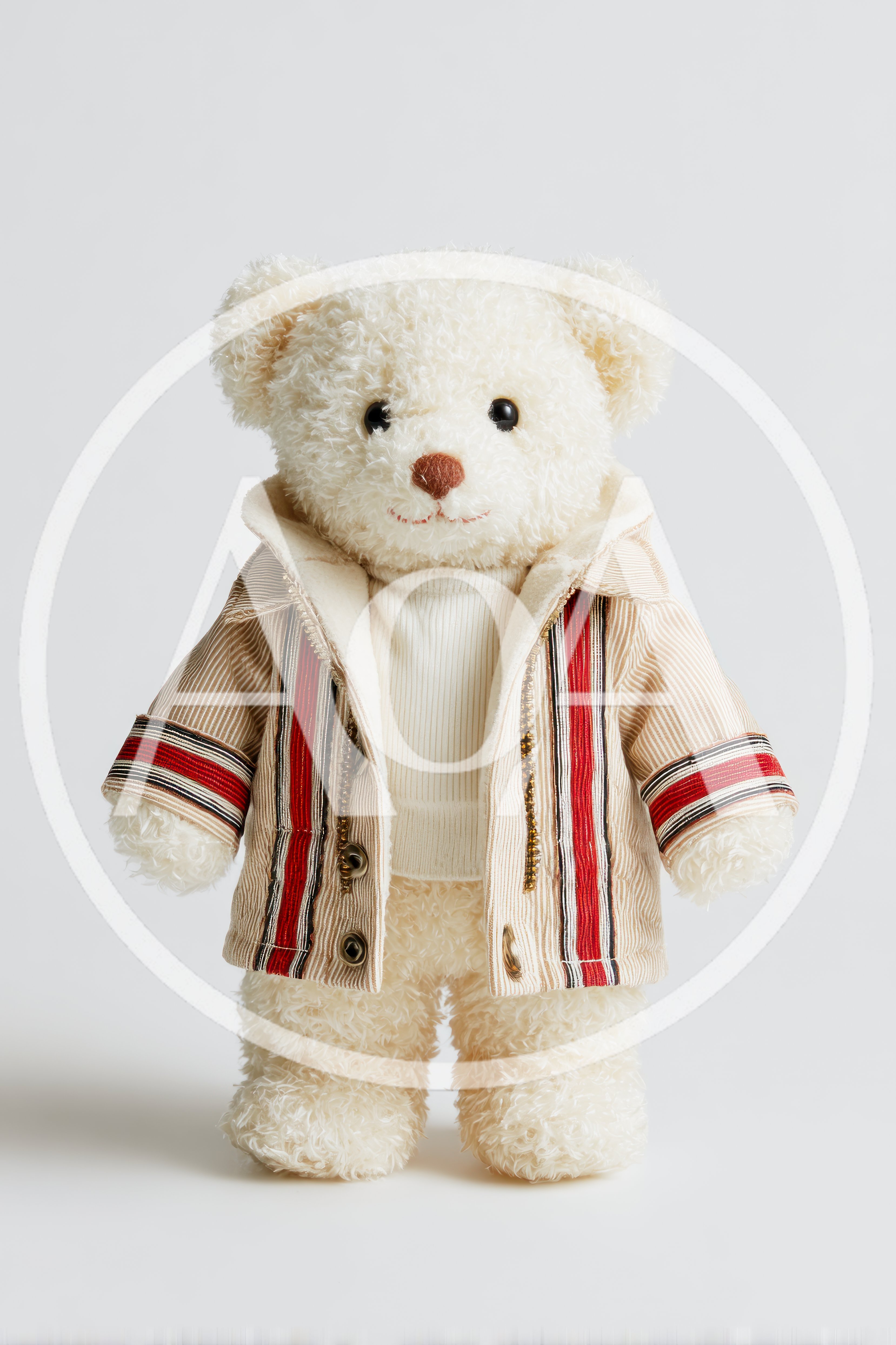 White Teddy Bear Wearing A Striped Jacket