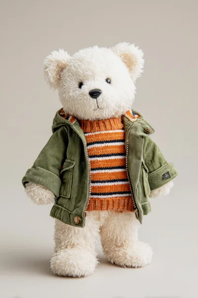 Plush Teddy Bear Wearing Green Jacket and Striped Sweater