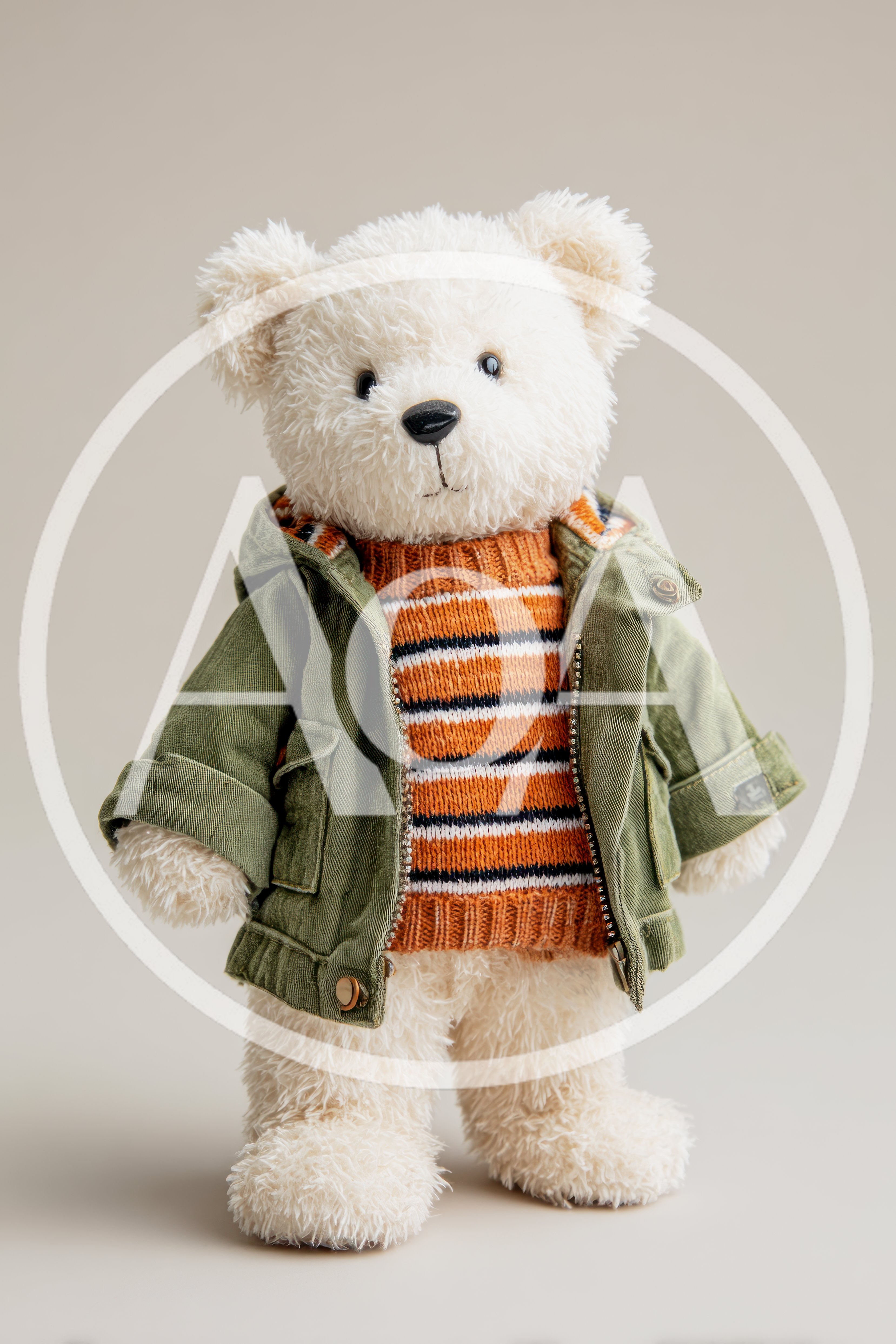 Plush Teddy Bear Wearing Green Jacket and Striped Sweater