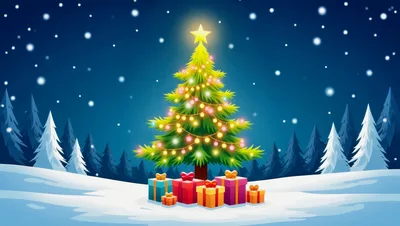 Decorated Christmas Tree With Gift Boxes In Snowy Landscape