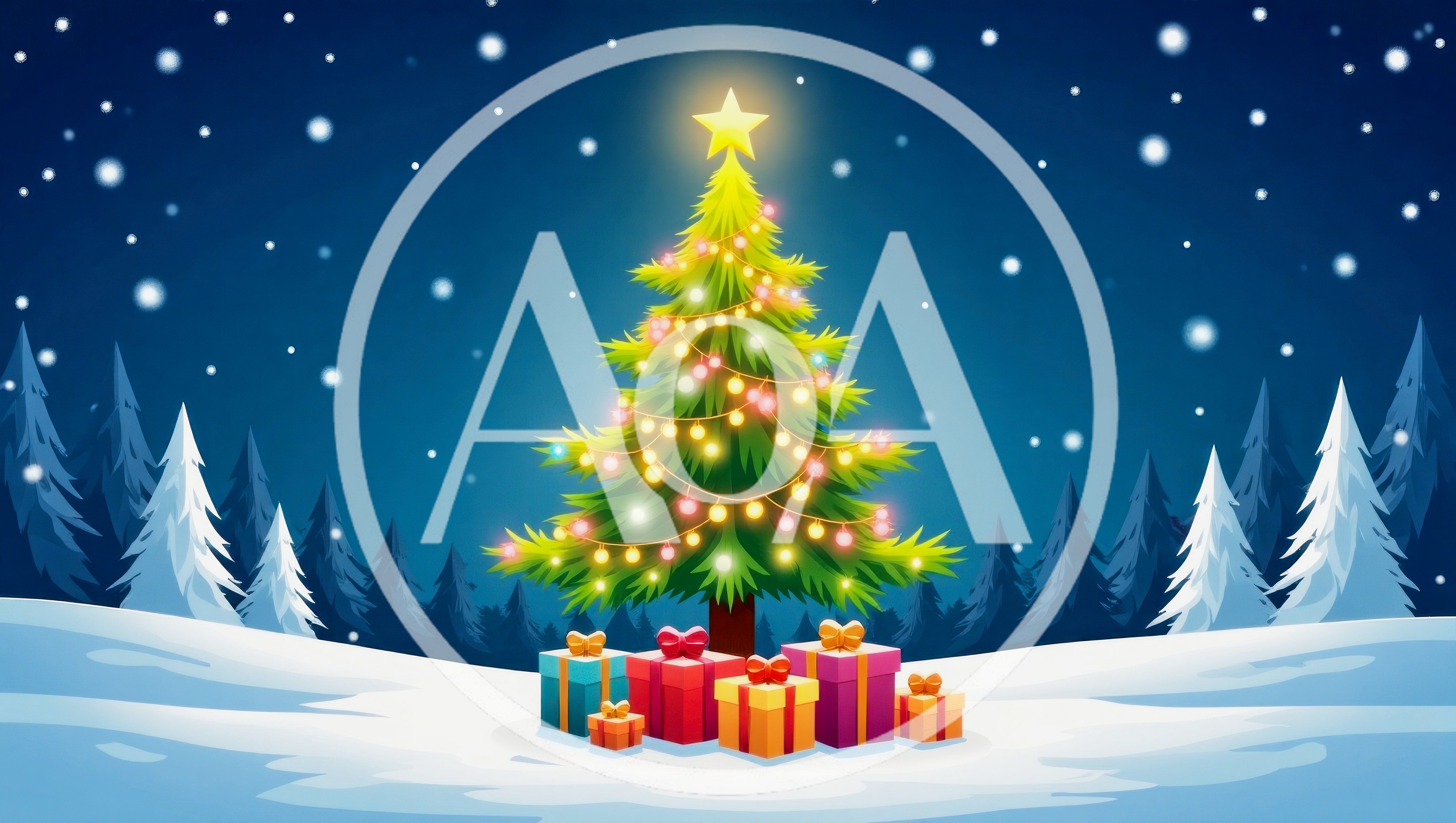 Decorated Christmas Tree With Gift Boxes In Snowy Landscape