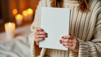 Woman Holding Blank White Book In Cozy Setting