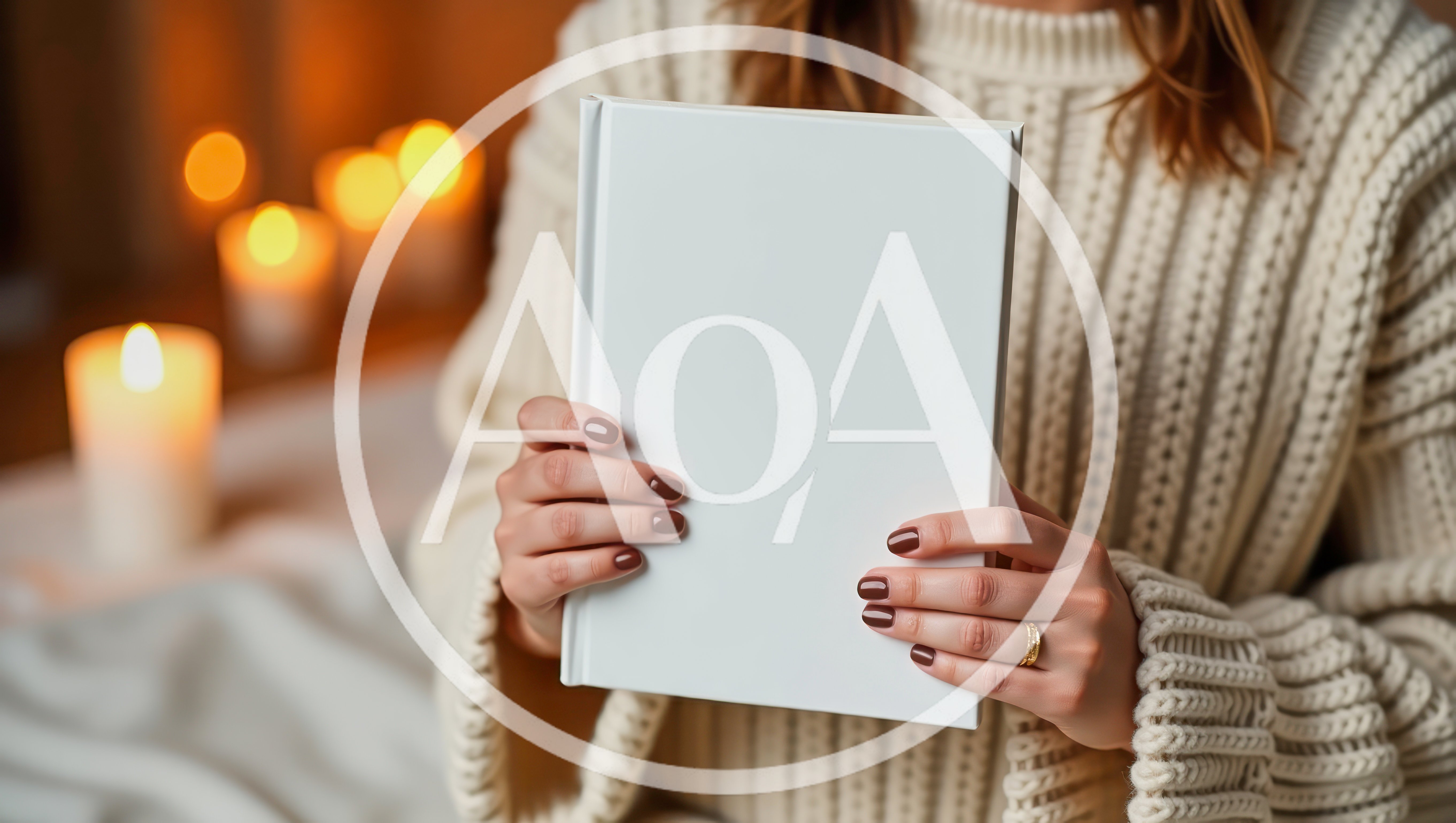 Woman Holding Blank White Book In Cozy Setting