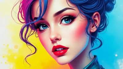 Digital Illustration Of A Beautiful Woman With Blue Hair
