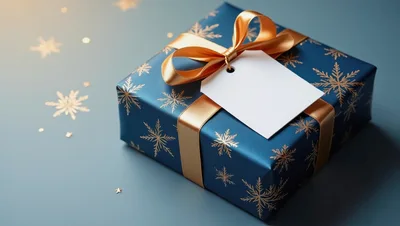 Blue Christmas Gift Box With Gold Ribbon And Tag