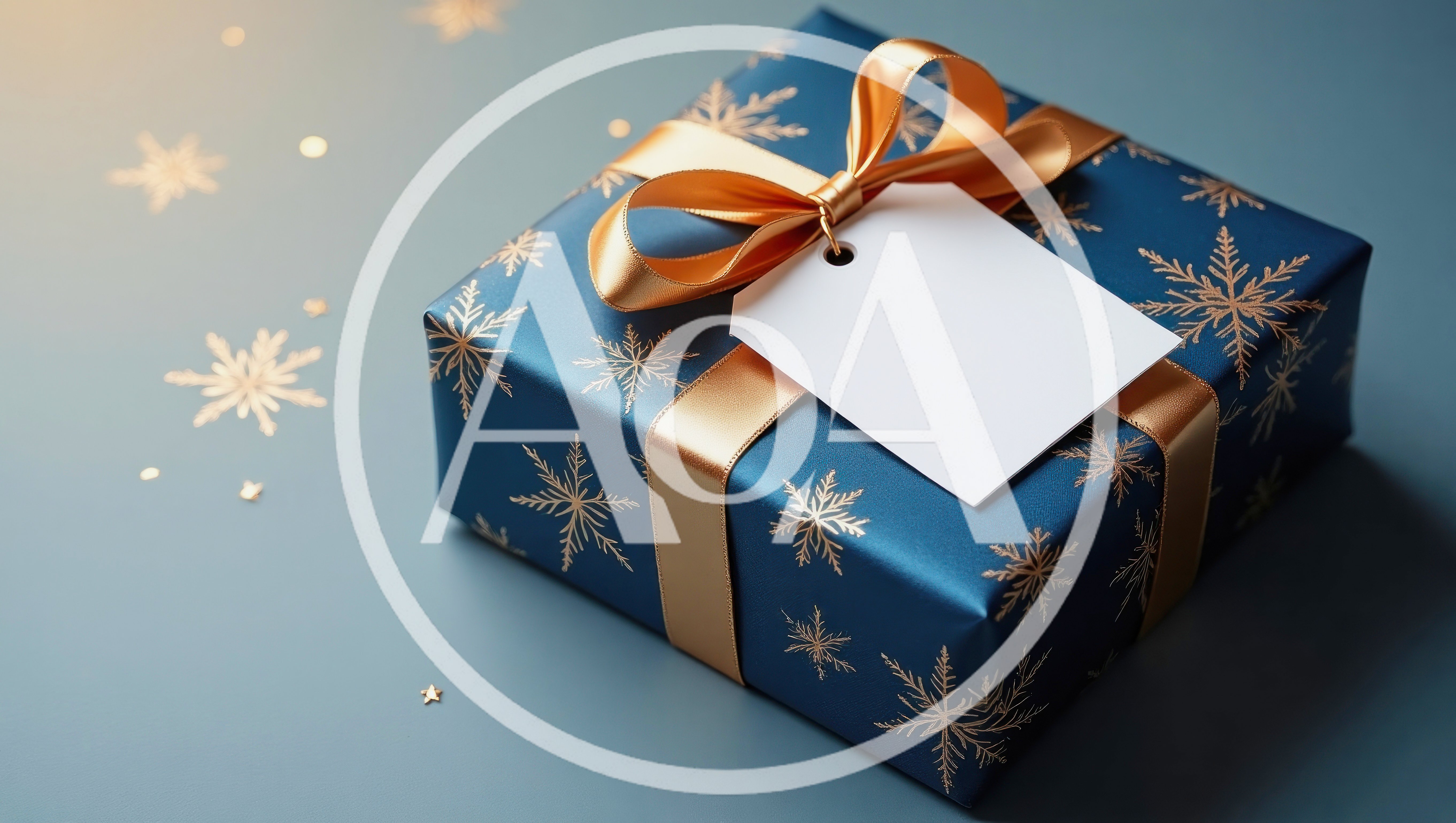 Blue Christmas Gift Box With Gold Ribbon And Tag