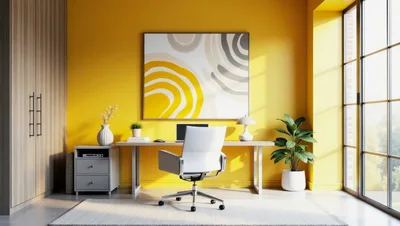 Modern Home Office With Yellow Wall And Desk