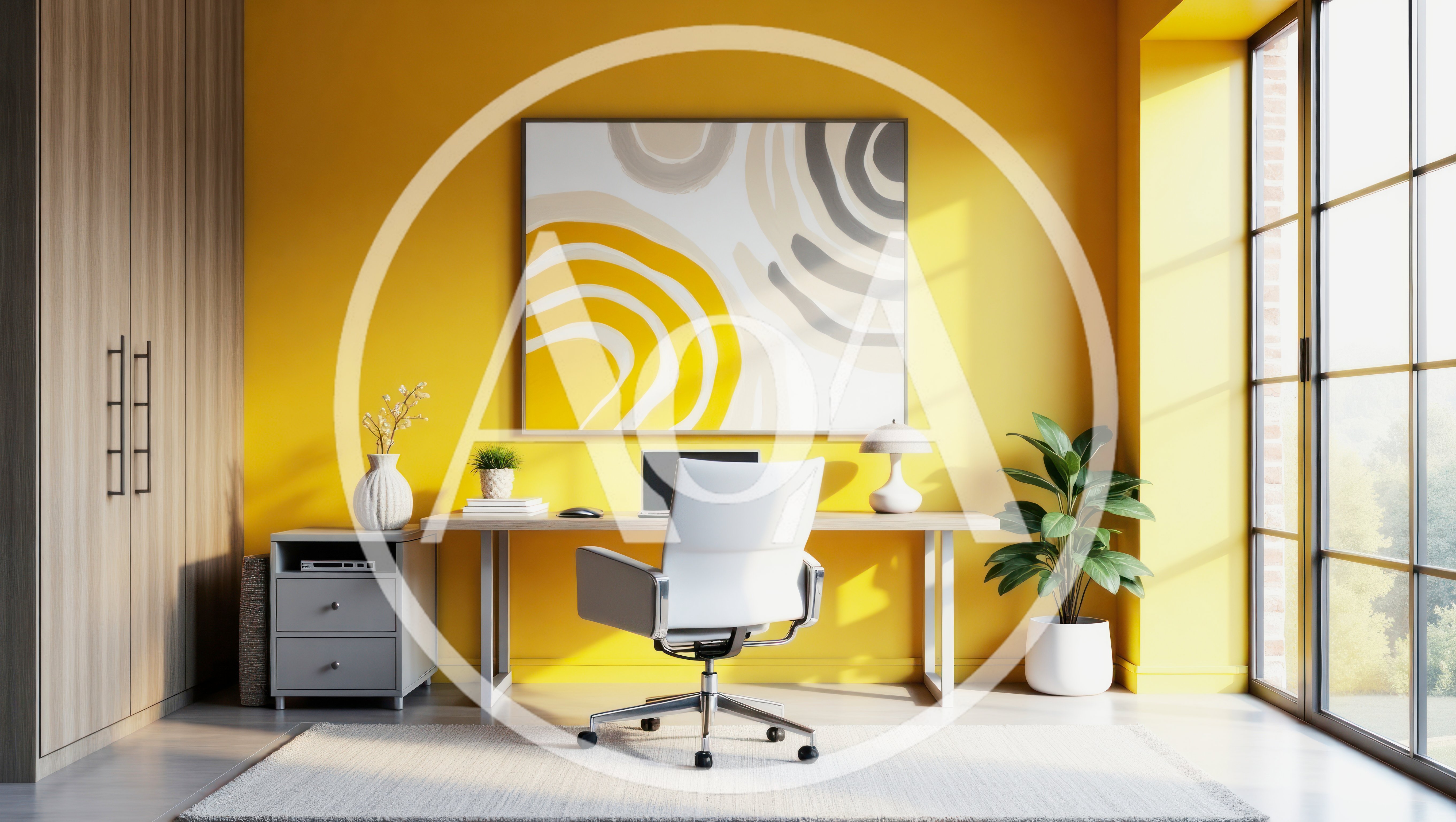 Modern Home Office With Yellow Wall And Desk