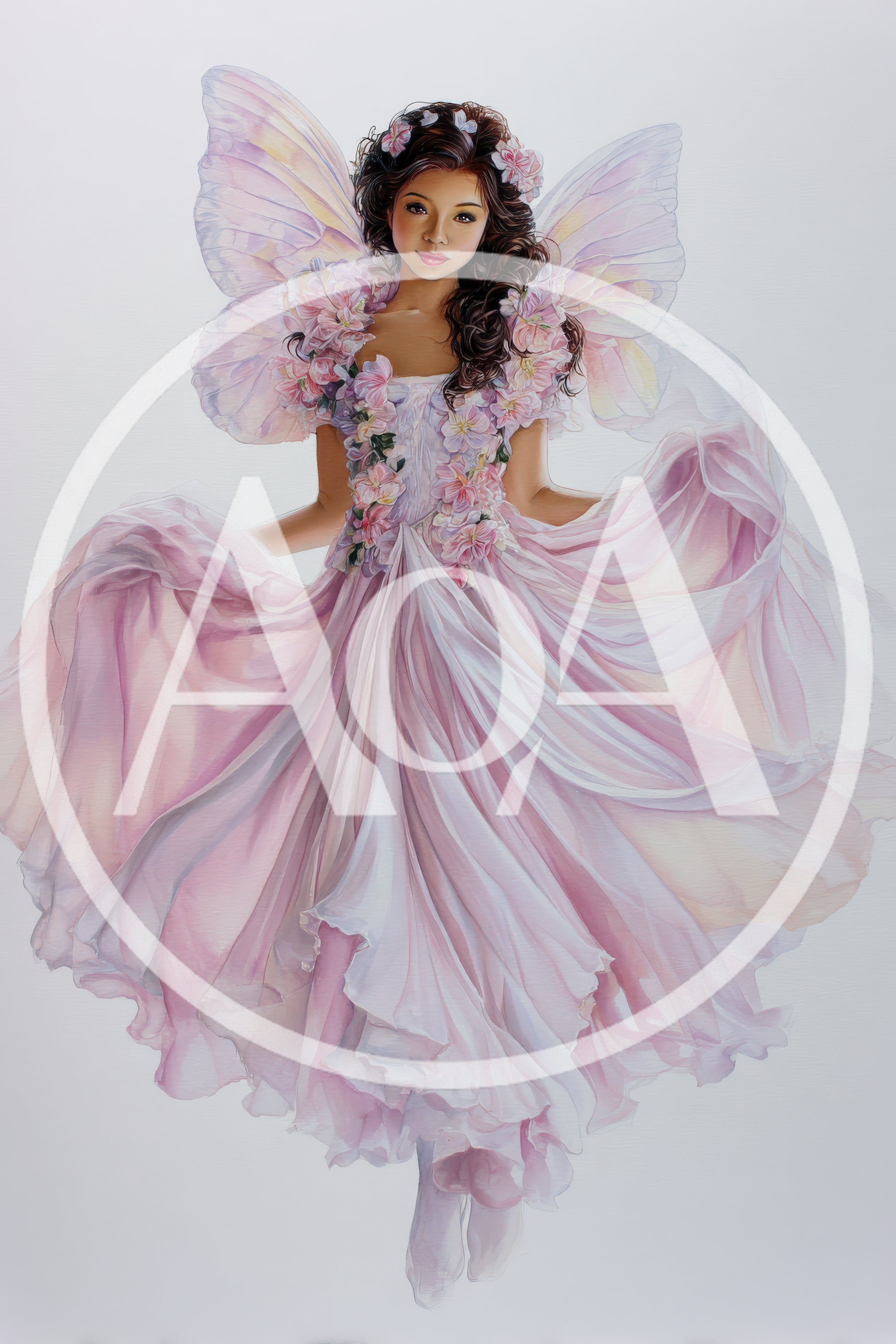 Ethereal Fairy Princess In Flowing Pink Floral Gown