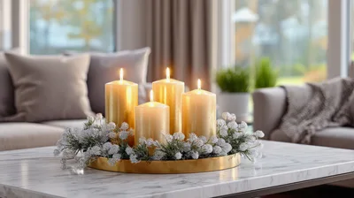 Four Lit Gold Candles On A Marble Table