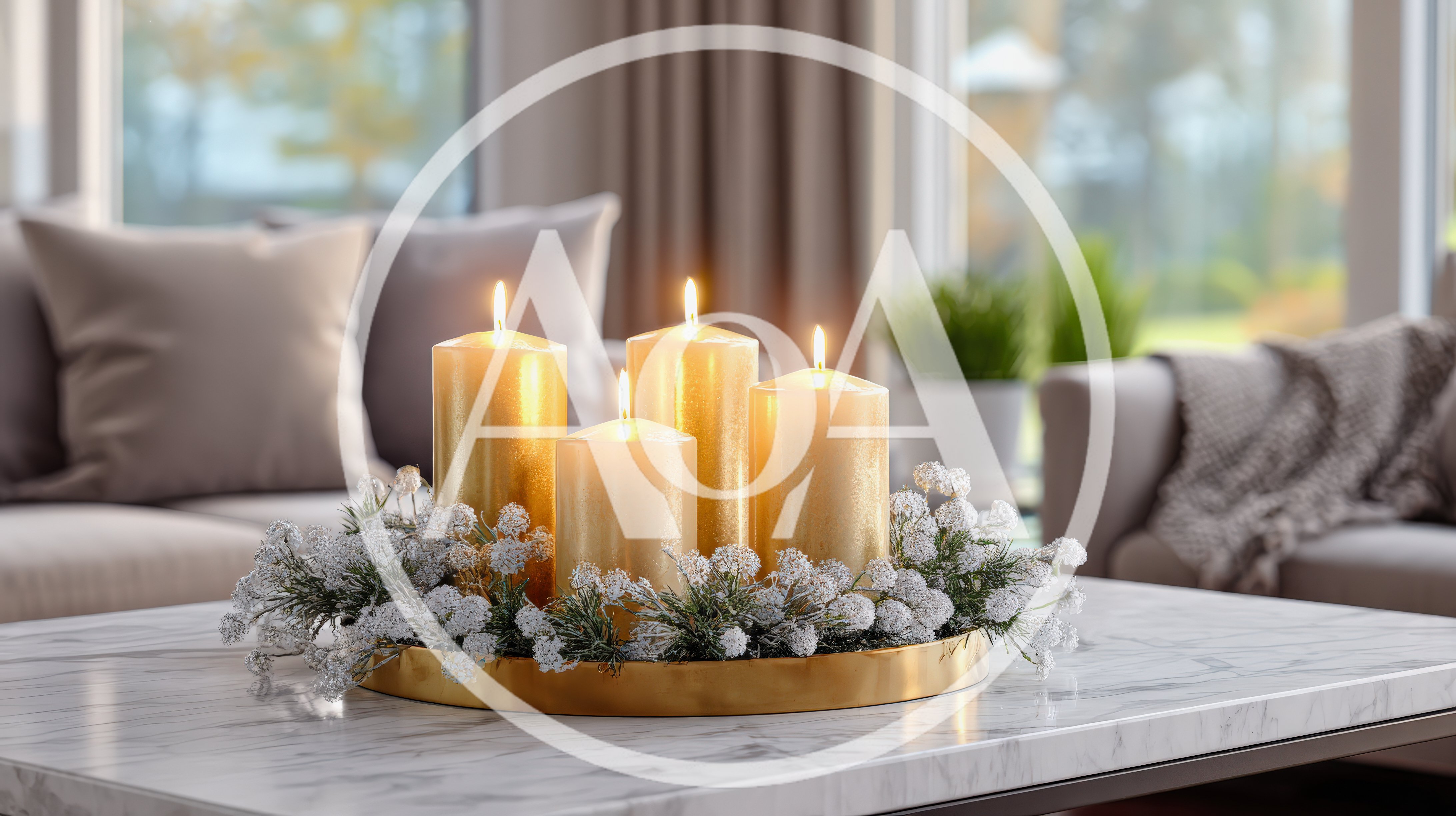 Four Lit Gold Candles On A Marble Table