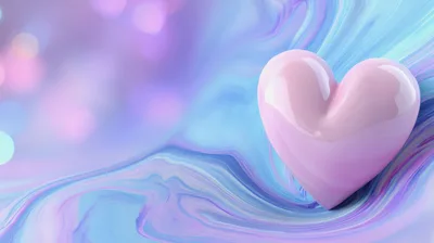 Glossy Pink Heart on Abstract Blue Marble Background