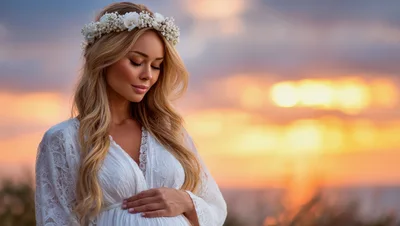 Pregnant Woman Wearing Flower Crown At Sunset