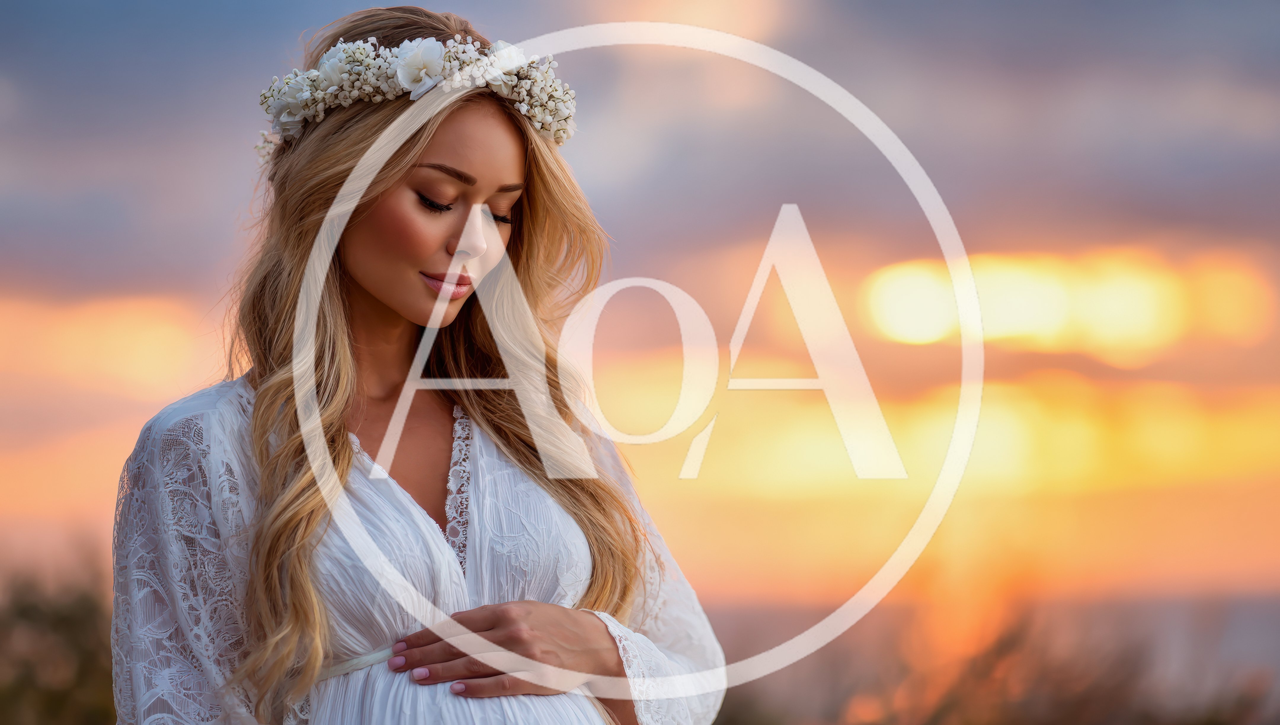 Pregnant Woman Wearing Flower Crown At Sunset