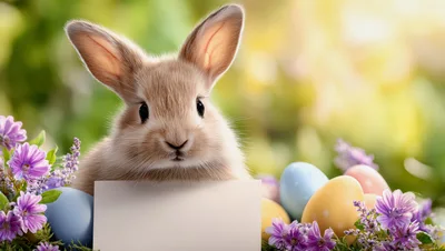 Cute Easter Bunny With Blank Sign And Colorful Eggs