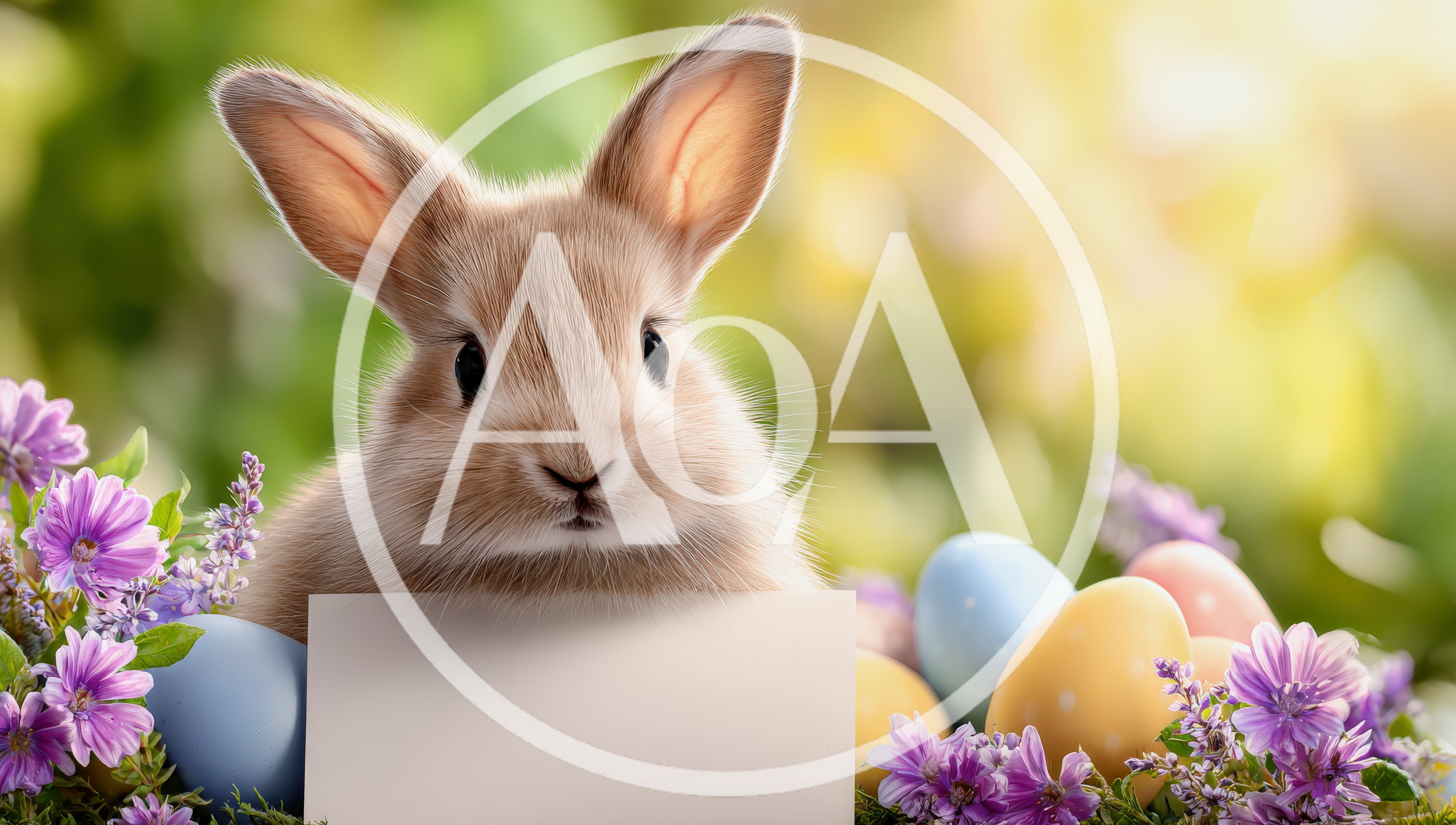 Cute Easter Bunny With Blank Sign And Colorful Eggs