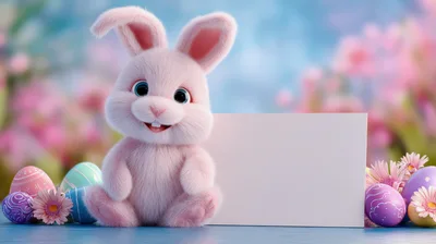 Cute Pink Easter Bunny With Blank Sign And Eggs