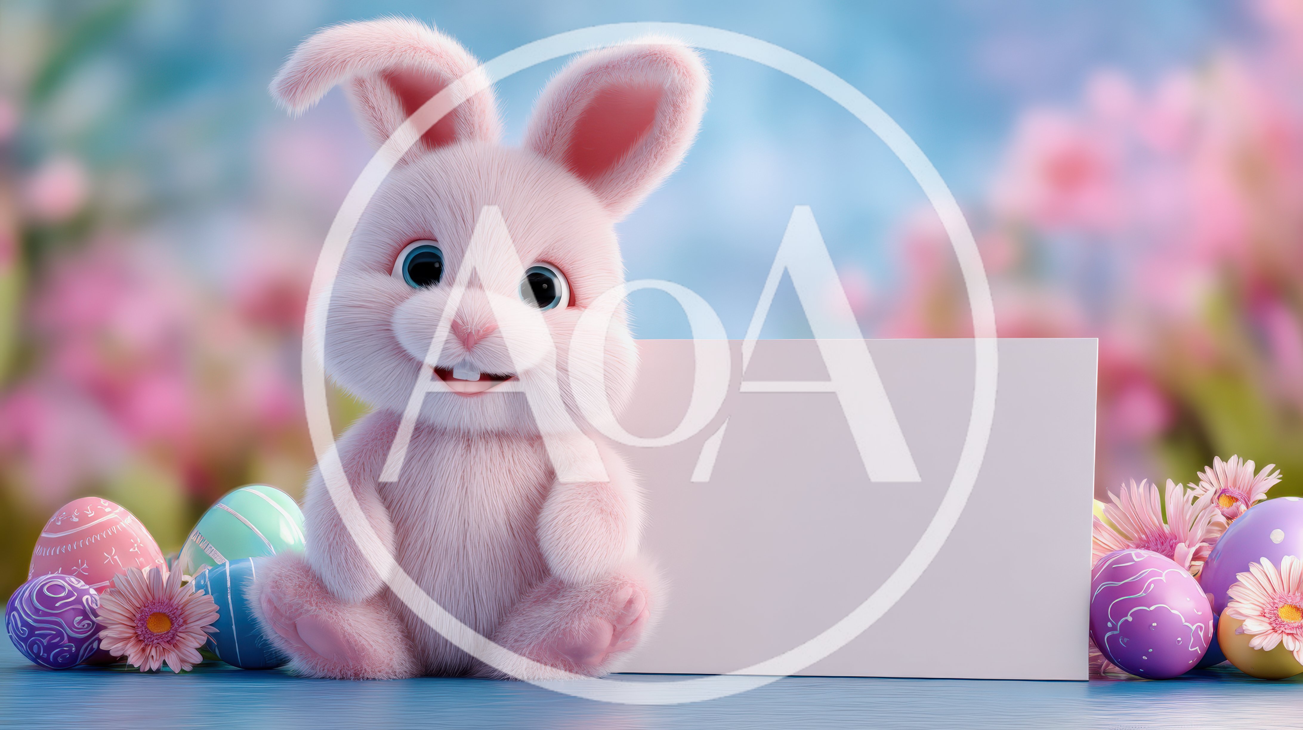 Cute Pink Easter Bunny With Blank Sign And Eggs