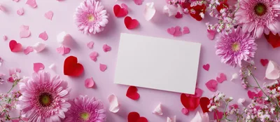Blank Greeting Card Surrounded by Pink Flowers and Hearts