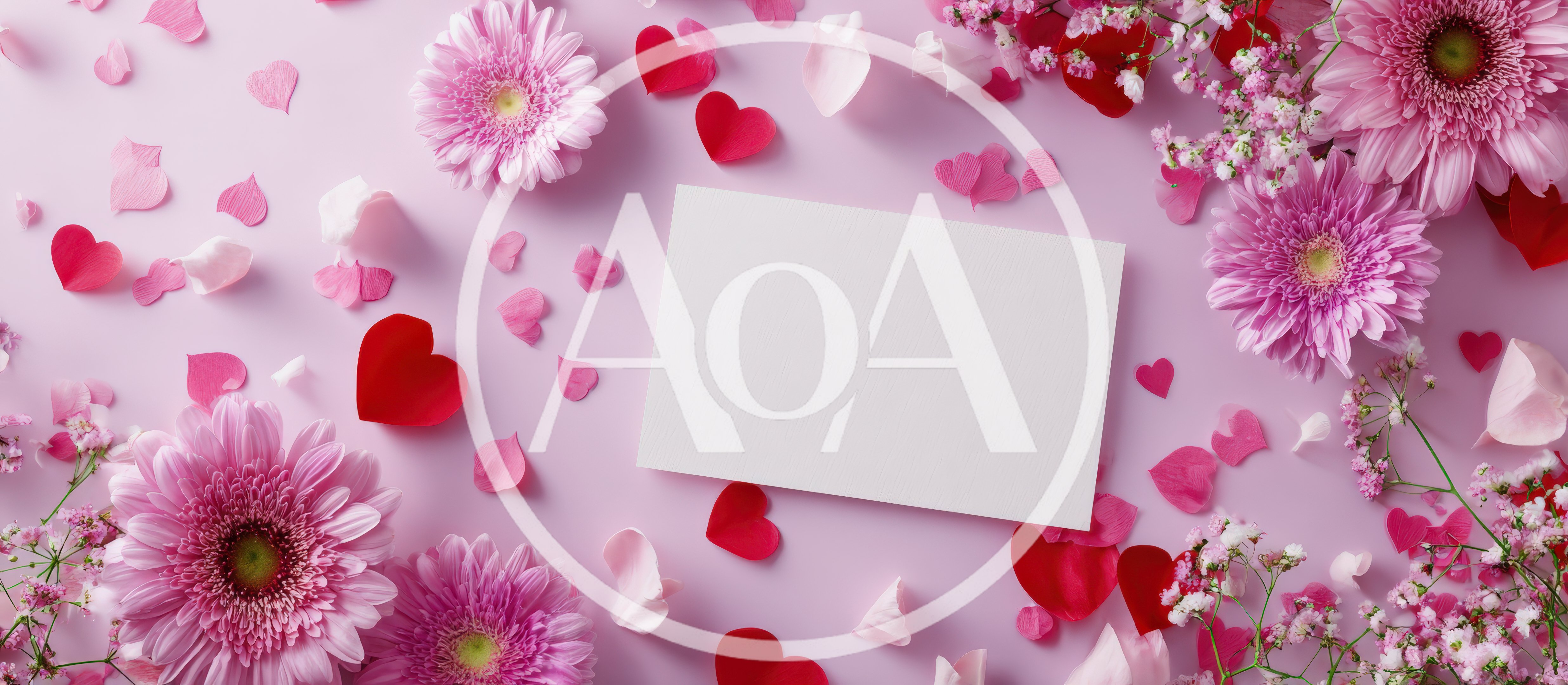 Blank Greeting Card Surrounded by Pink Flowers and Hearts