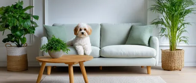 Cute Puppy Sitting On A Modern Pastel Sofa