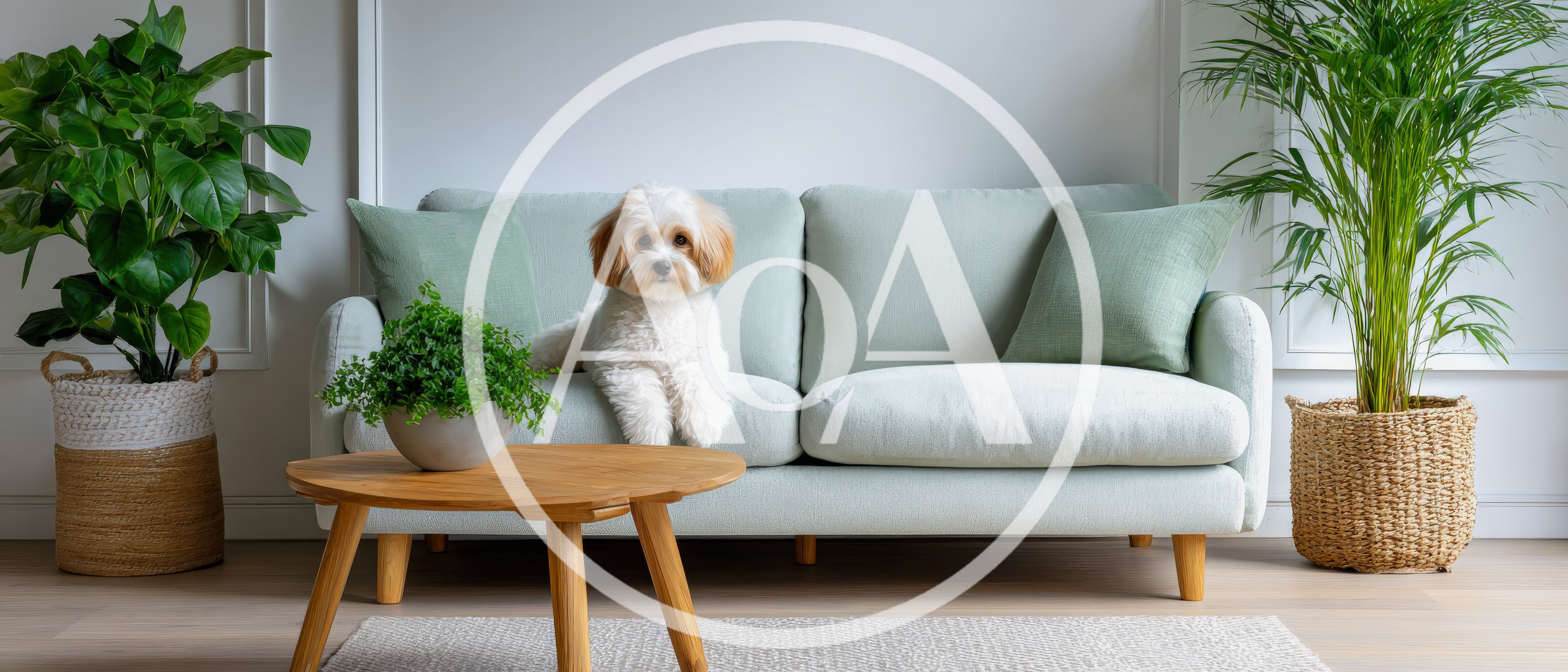 Cute Puppy Sitting On A Modern Pastel Sofa