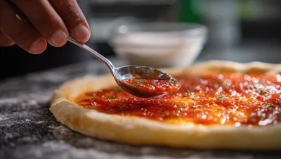 Chef Spreading Tomato Sauce On Pizza Dough