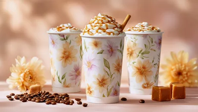 Three Floral Paper Cups With Caramel Coffee Drinks